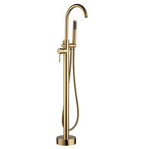 Freestanding Bathtub TapTub Filler with Hand Held Shower Sprayer Brass 2 Lever Shower Taps Polished Gold High Flow Mixer Taps Swivel Spout SHUNLI