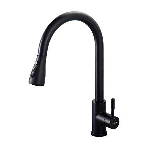 Ibergrif M22136B Kitchen Sink Taps Mixer with Pull Out Spray, High Arc with Dual Spray Mode, Single Handle Lever with UK Standard Fittings, Black, Chrome