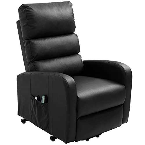LANGTAOSHA Power Massage Leather Recliner Chair, Luxury Heavy Duty Lift Recliner Chair with Heat & Vibration, Motion Reclining Armchair Sofa, 2 Side Pockets, Remote Control for Elderly,Black