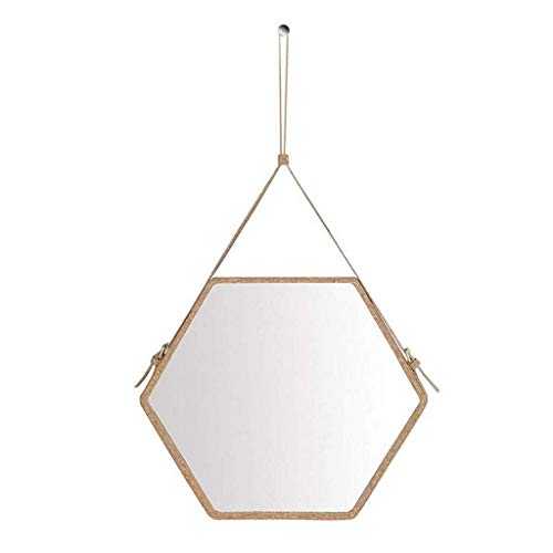 Wall Hanging Mirrors Decorative Hexagonal Mirror Faux Leather Border Light Brown Frame (Size : 45 * 40cm) (54 * 47cm)