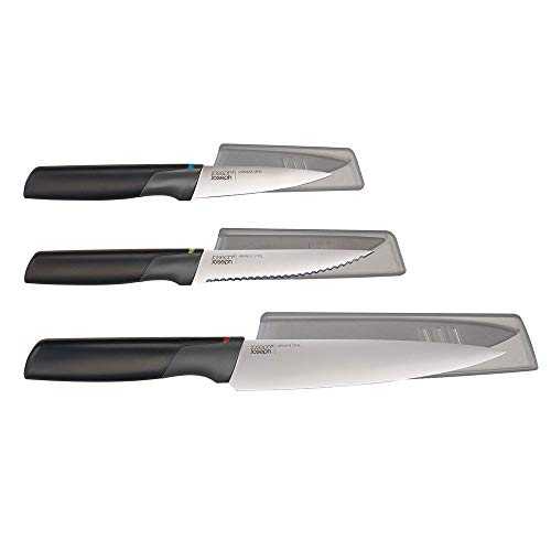 Joseph Joseph 10528 3-Piece Elevate Knife Set with Paring knife, Serrated knife, Chef's knife and storage sheaths- Stainless-steel