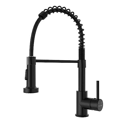 DAYONE Matte Black Kitchen Sink Taps with Pull Down Sprayer, Spring Kitchen Mixer Tap with 2 Modes Spray, 360° Swivel High Arc Single Lever Commercial Kitchen Sink Taps, UK Standard Kitchen Faucet