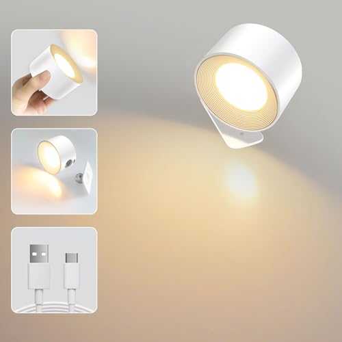 LED Indoor Wall Light, USB Rechargeable Battery Wall Lamp, Warm/Natural/White Light, 3 Brightness Levels, Touch Control, 360° Rotation for Living Room Corridor Stairs Bedroom Bedside,White, 1Pack