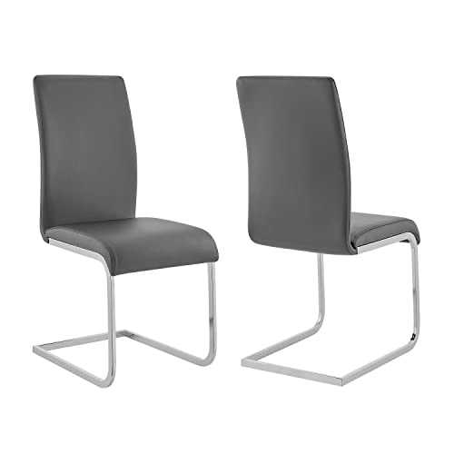 Armen Living LCAMSIGR Amanda Dining Chair Set of 2 in Grey Faux Leather and Chrome Finish