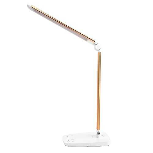 Dimmable LED Desk Lamp with USB Charging Port, Lichamp Touch Control Foldable Gooseneck Free Rotation Adjustable Eye Care Table Lamp, Bedside Reading Light with UL AC Adapter (Gold)