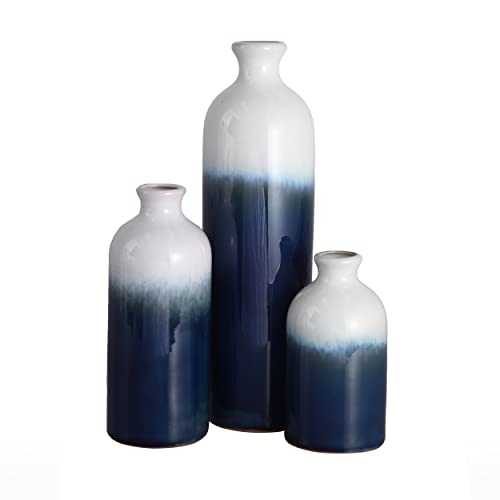 TERESA'S COLLECTIONS Vase for Flowers, Set of 3 Blue White Modern Ceramic Vase for Gifts, Reactive Glazed Stoneware Decorative Vases for House Decoration Living Room Bedroom 14.7/20/30cm