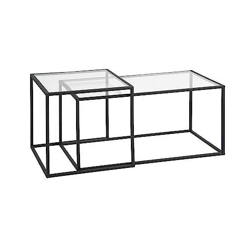 FurnitureR Nesting Coffee Set of 2, Tempered Glass Stacking End Side Black Metal Frame for Living Room, Easy to Assemble, Industrial Sofa Tea Table Combo for Small Space, 90x50x55cm