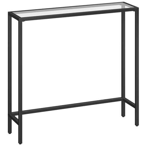 HOOBRO Console Table, Tempered Glass Sofa Table, Black Hallway Table, Slim Entryway Table, 75 x 22 x 80 cm, Modern Display Table for Living Room, Metal Frame, Sturdy, Black EBK07XG01