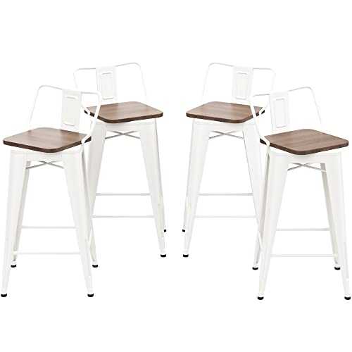 Changjie Furniture Swivel Metal Bar Stool Kitchen Counter Bar Stools Set of 4 (Swivel 26 inch, White Wooden)
