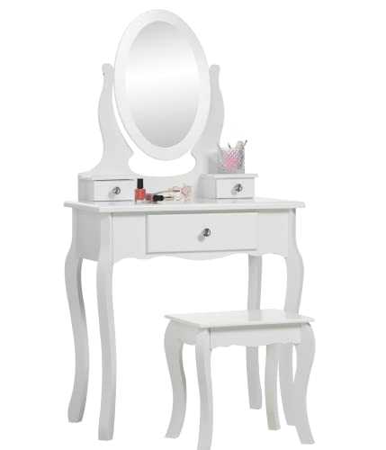 Runesol Girls Dressing Table (Age 8-13yrs) with Mirror and Stool, Childrens White Wooden Kids Vanity Table with Crystal Knobs Childs Dressing Table Set for a Kid