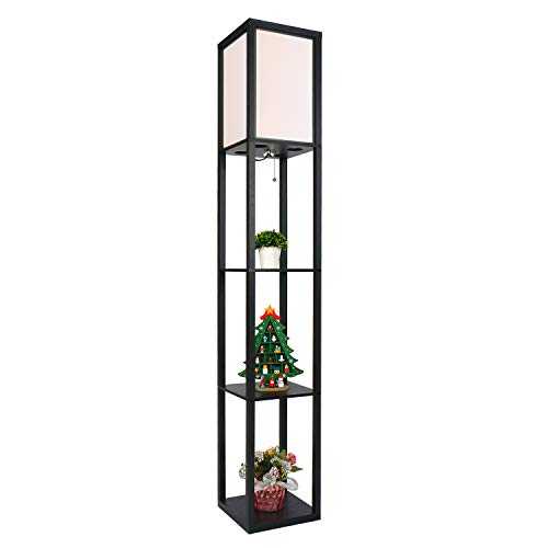 PULUOMIS Floor Lamp with Shelves, 3 Layers Wooden Shelf Standing Light, Modern Reading Lamp for Bedroom, Living Room, Office, Home Decoration (Size:26x 26x 160 cm) (Without Bulb)-Black