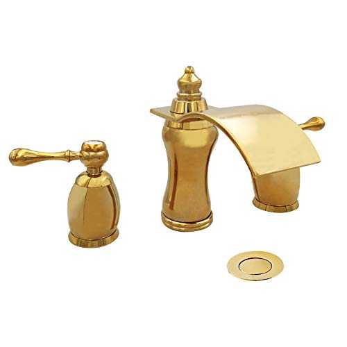 Wovier Shiny Polished Gold 8-16 Inch Widespread Waterfall Bathroom Sink Faucet,Two Handle Three Hole Lavatory Faucet,Basin Mixer Tap with Pop Up Drain,French Gold