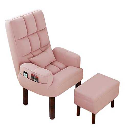 VejiA Armchair with Footstool, Comfy Chair with Wood Legs, Task Chair Breathable Cotton Linen Office Chair,Backrest Recliner, Ergonomic Design/Pink
