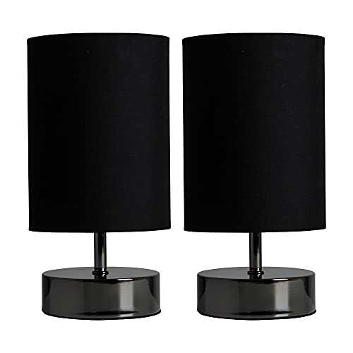 Pair of - Modern Black Chrome Touch Dimmer Bedside Table Lamps with Polycotton Black Light Shades