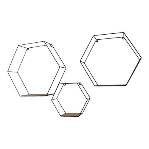 Whaleycorn Hexagon Wall Shelves Set of Three Industrial Style Metal and Wood Wire Frame