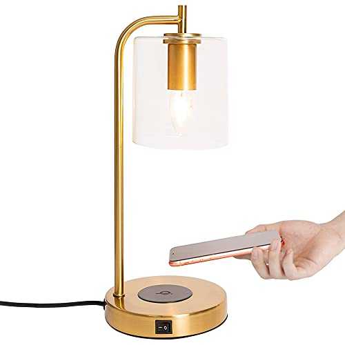 Aston Gold Brass Desk Lamp | Table Lamp with USB Port & Wireless Charging | Fast Desk Lamp Wireless Charger | Industrial Vintage Table Lamp Design | Perfect for Living Room, Office, Study
