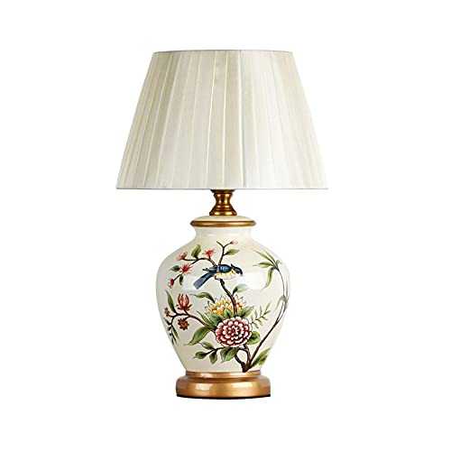 Home Equipment Traditional Vintage Bedside Classical Fabric Desk Lamp Vintage Plant/Bird Painting Ceramic Lamp Art Deco with Fabric Shadows Bedroom Living Room Table Lamp Desk lamp (Color : White)