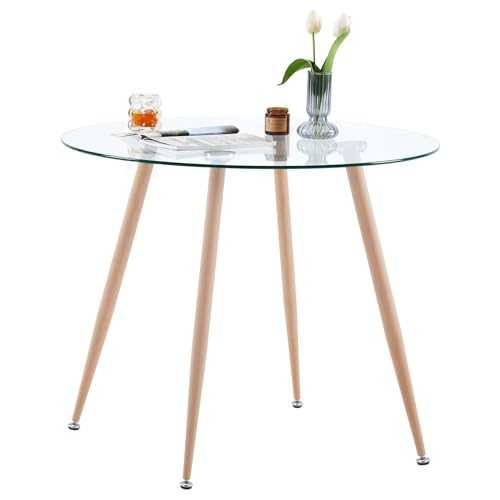 GOLDFAN Round Glass Dining Table Modern Kitchen Table with Metal Legs,4 Seaters Rustic Dinner Table for Home Dining Room Living Room,80cm