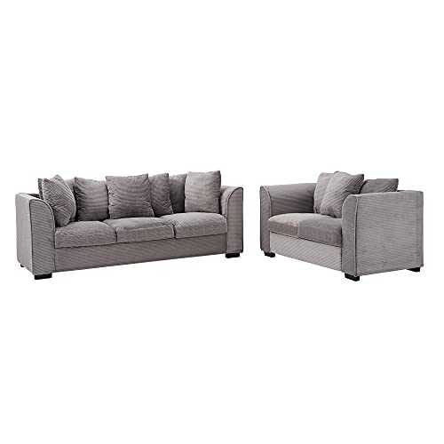 2 Seater Sofa + 3 Seater Sofa, Jumbo Cord Corner Sofa Fabric Grey Sofa Settee, Full Chenille Cord Modern Sofa for Living Room Home Furniture, Assembly Required