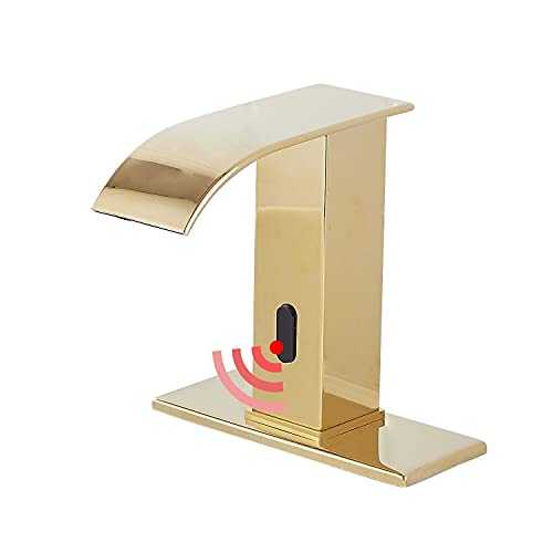 YBlucklly Automatic Sensor Touchless Bathroom Sink Faucet DC Powered Sensor Hands Free Bathroom Tap Gold Vanity Faucets with Hole Cover Plate with Control Box and Temperature Mixer
