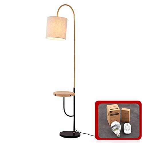 LED Floor Lamp with USB Charging Ports，Side Table with Attached LED Lamp，Modern Floor Lamp，Room Bedroom Bedside Vertical Light Floor Lamp with Shelves ( Color : Wood color , Size : Linen lampshade )