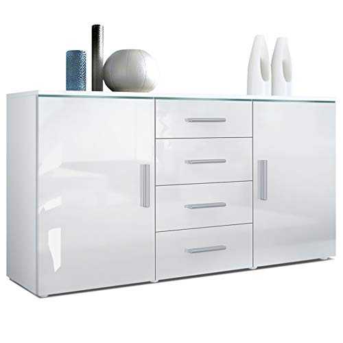 Vladon Sideboard Chest of Drawers Faro, Carcass in White matt/Fronts in White High Gloss