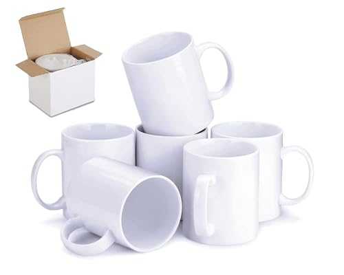 Frenterprises 6 Pack Sublimation Mugs with Boxes – 11 oz Large Mugs – Used as Personalized Mugs, Coffee Mugs and Tea Mug – White Mugs with Handle – Ideal for Bulk Buy