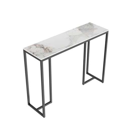 FATIVO Console Table Hallway Sintered Stone: Consoles Desk 100x30x78.5 cm High Gloss Cold Jadeite White Marble Texture with Black Legs Narrow Tall Modern Sofa Side Tables Entryway Living Room