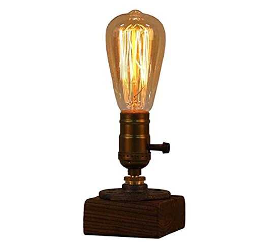 JINYU Weathered Wood Night Light Table Lamp Vintage Desk Lamp E26/E27 Edison Bulb Wooden Base Retro Industrial Steampunk Iron Pipe Flange Dimmable Nightlight for Bedroom Living Room Home Art Display