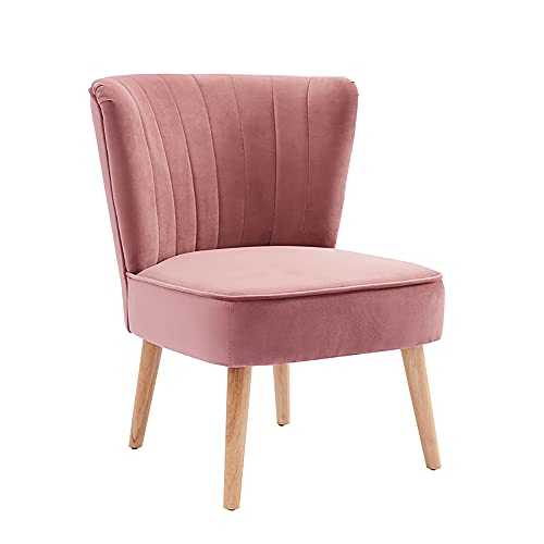 Home Detail Fluted Occasional Accent Chair Velvet or Fabric Padded Living Room Chair with Wooden Legs Stylish Lounge Furniture for the Modern Home (Smoky Rose Velvet)