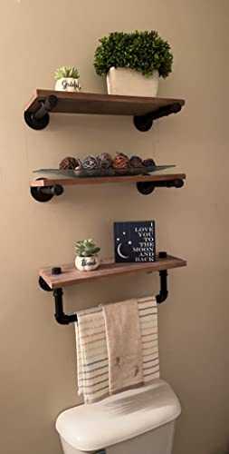 Industrial Shelves for Bathroom with Pipe Brackets and Towel Bar,Wall Shelving Set of 3,Wood & Metal Floating Pipe Shelf for Living Room, Bedroom & Kitchen.