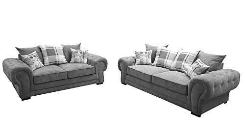 Sofas and More Verona 3+2 seater Fabric Grey Brown Cream Designer Scatter Cushions Living Room Furniture (Grey)