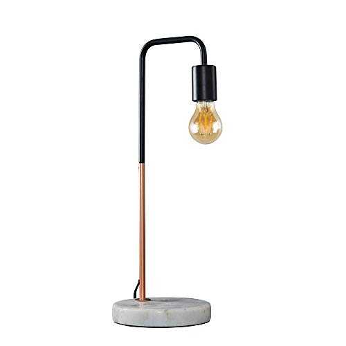 Retro Style Black and Copper Metal Table Lamp with a White Marble Base - Complete with a 4w LED Filament Light Bulb [2700K Warm White]
