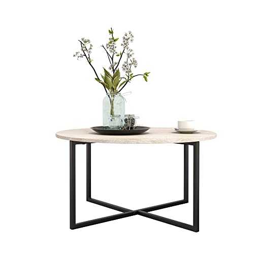 HOJINLINERO Round Coffee Table,Industrial Style Cocktail Table,Durable Metal Frame with Wood Look Accent Furniture,Easy To Assemble,for Living Room, Bedroom,Teak OAK and Black