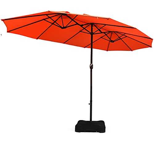 CASART 4.6M Garden Umbrella, Outdoor Parasol with Umbrella Base, 12 Ribs, Sun Shade Market Parasol for Lawn, Garden, Deck, Backyard, Pool (Orange)