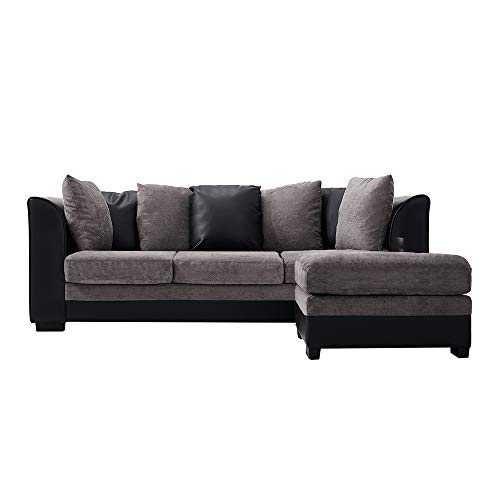 Faux Leather and Fabric 3 Seater Sofa Corner Sofa with Footstool L Shaped Sofa Couch Settee Left or Right Chaise Group Sofa, Gray and Black