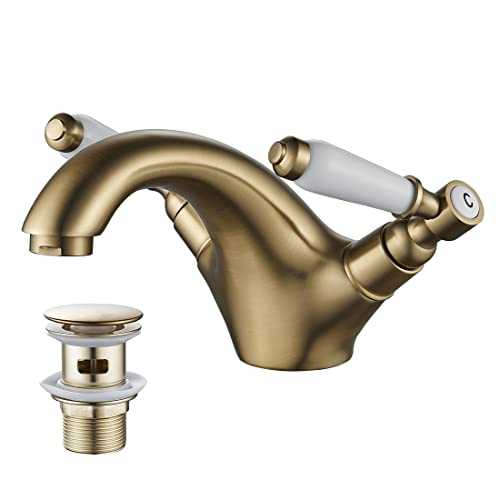 Glod Basin taps with pop up Waste Dual Lever Basin Mixer taps,Luckyhome Bathroom Sink Mixer taps Chrome hot and Cold Faucet Solid Brass Valve Body