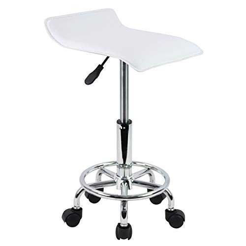 KKTONER Square Height Adjustable Rolling Stool with Foot Rest PU Leather Seat Cushion Spa Drafting Salon Tattoo Work Swivel Office Stools Task Chair Small (White)
