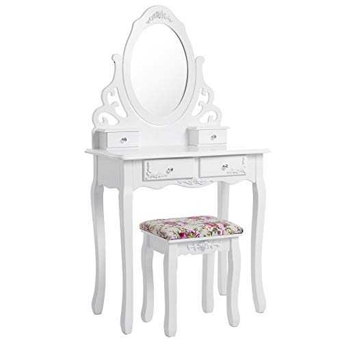 SONGMICS Princess Dressing Table Stool Set and 360 Degree Swiveling Mirror Makeup Desk 4 Drawers Vanity Furniture Easy to Assemble Bedroom White RDT04W