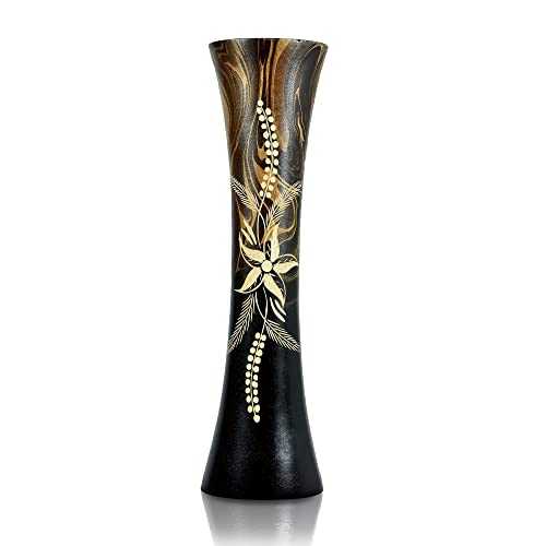 AeraVida Hand Carved Tropical Flower 14-inch Curved Cylindrical Wooden Vase Brown