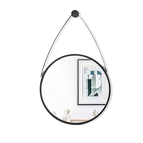 WECDS-E Wall Mirror Wall-Mounted Mirror for Makeup Bathroom Vanity Wall Wall Mount Large Round Hanging Strap Metal Framed Bedroom Living Room，Black，60Cm