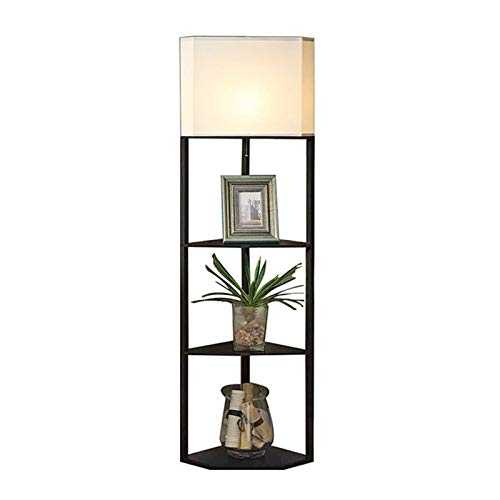 Modern Shelf Floor Lamp Combination, Corner Standing Lamp With 3 Wood Display Storage Shelves For Living Room Bedroom Bedside