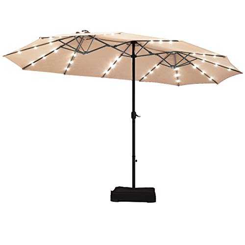COSTWAY 4.6m Double-Sided Parasol with Base, Solar LED Lights and Crank Handle, Outdoor Extra Large Sun Umbrella, Large Market Sunshade Shelter Canopy for Garden Patio Beach Yard