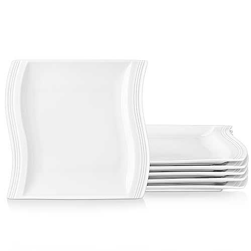 MALACASA Dinner Plates, 10 Inch Square Serving Plate, White Square Plates Set of 6, Modern Porcelain Dish Set for 6 , Microwave, Oven and Dishwasher Safe, Series Flora