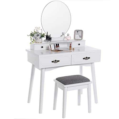 ANWBROAD Dressing Table Vanity Set Makeup Table Vanity Desk Large Frameless Mirror Cushioned Stool Set Large 4 Drawers 3 Dividers and Rails For Bedroom Makeup Jewellery Storage Set White Color BDT02W
