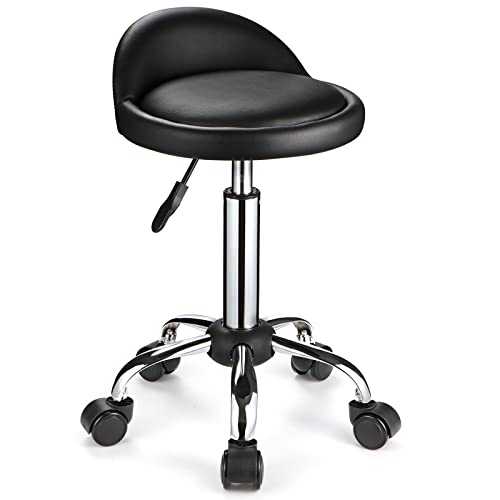FNZIR Swivel Rolling Stool with Wheels Height Adjustable Stool Drafting Chair with Low Back Black