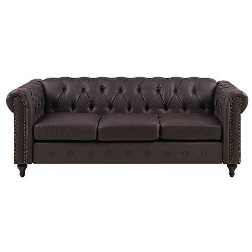 Vintage Faux Leather 3 Seater Sofa Dark Brown Buttoned Scroll Arms Chesterfield