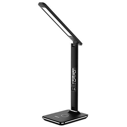 Groov-e Ares Touch Control LED Desk Lamp with Built-in Wireless Charger & Alarm Clock/Calendar Display-Black