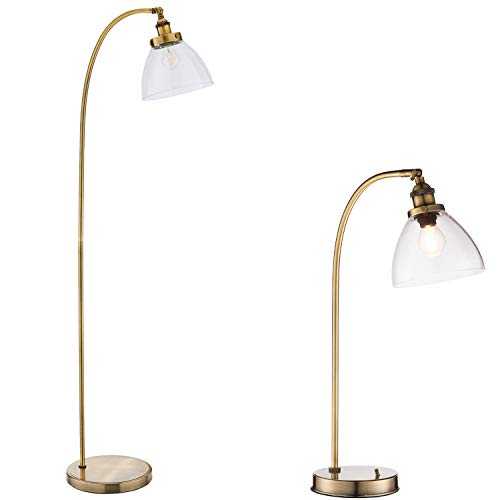 1520mm Floor & 533mm Table Lamp Matching Set | Curved Antique Brass & Clear Glass Shade | Modern Industrial Style Moving Head Living Room Lounge Bedroom Bedside Light Pack | Free-Standing Standard