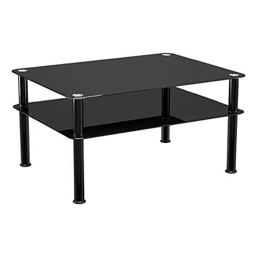 mahara Black Coffee Table with Shelf - Tempered Safety Glass Coffee Table - Small Table W80cm x D60cm x H41.5cm - Living Room Furniture/Office Furniture